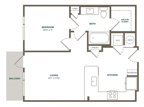 Floor plan for 1 bed, 1 bath, 747 sqft